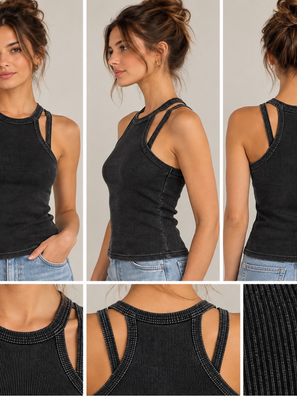 Anthropologie Daily Practice Washed Black Ribbed Racerback Tank Top Size S
